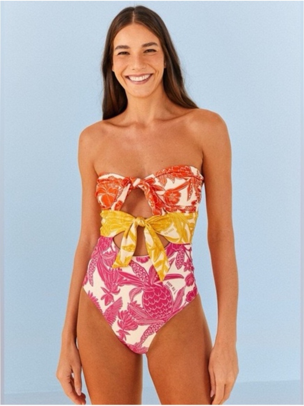 FARM Rio Tropical Woodcut Strapless Cutout One Piece Swimsuit Medium NWT